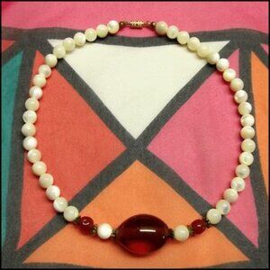 1960s RARE Mother of Pearl Shell Carnelian Glass Vintage Necklace
